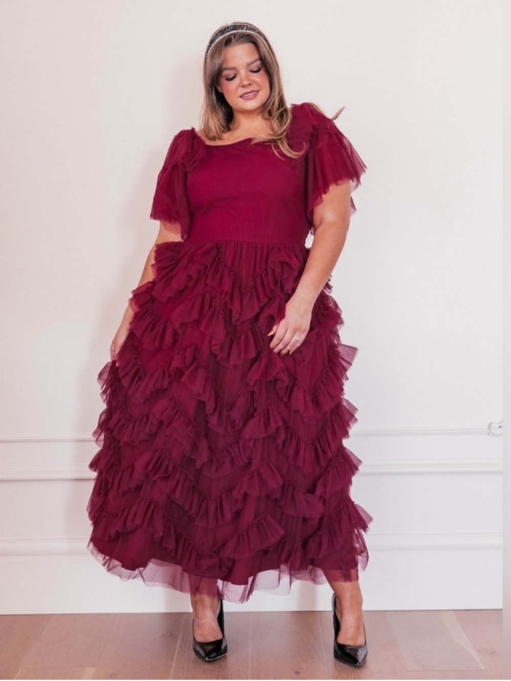 Jessakae Isla Dress Burgundy Ruffle Midi Maxi 2X Christmas Holiday Formal Dress